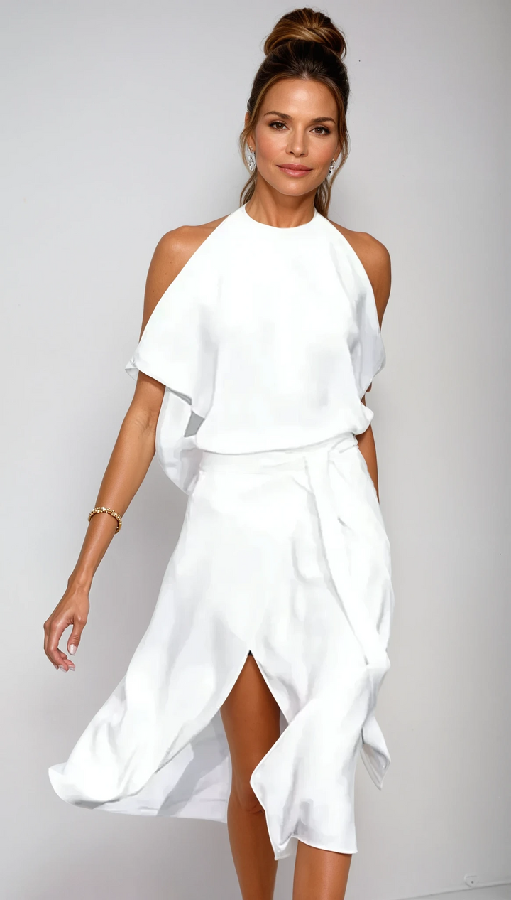 Nora | Women's Halter Midi Dress with Slit Cocktail Party