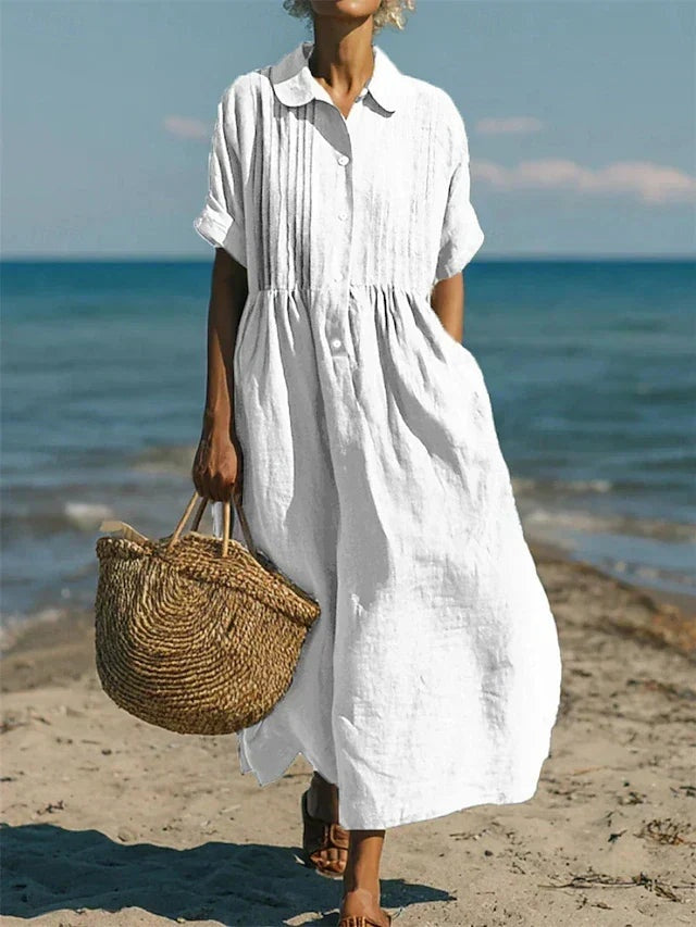 Nora | Women's Linen Shirt Dress Midi Short Sleeve