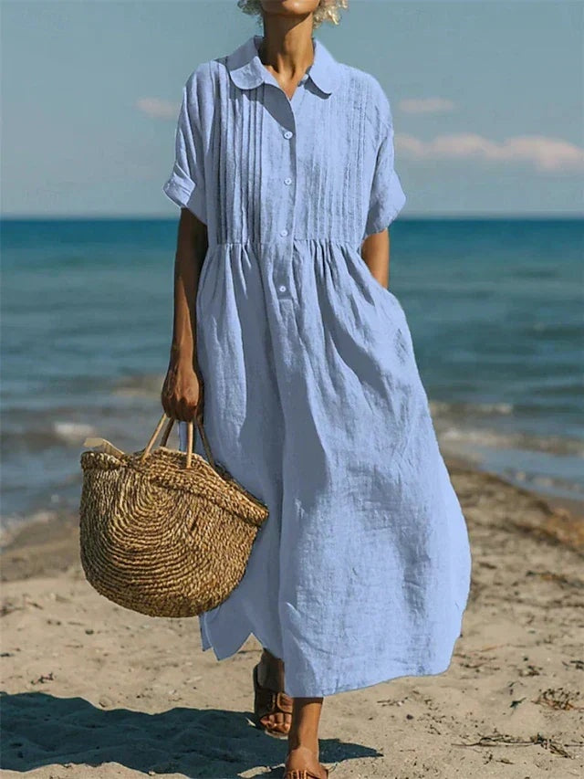 Nora | Women's Linen Shirt Dress Midi Short Sleeve