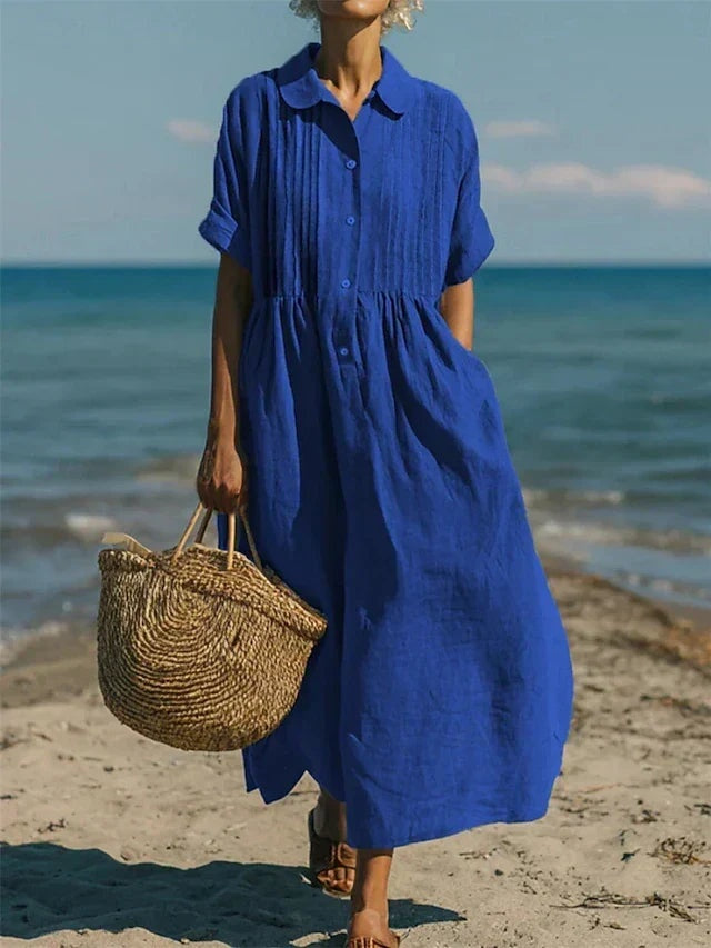 Nora | Women's Linen Shirt Dress Midi Short Sleeve