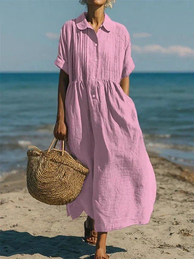Nora | Women's Linen Shirt Dress Midi Short Sleeve