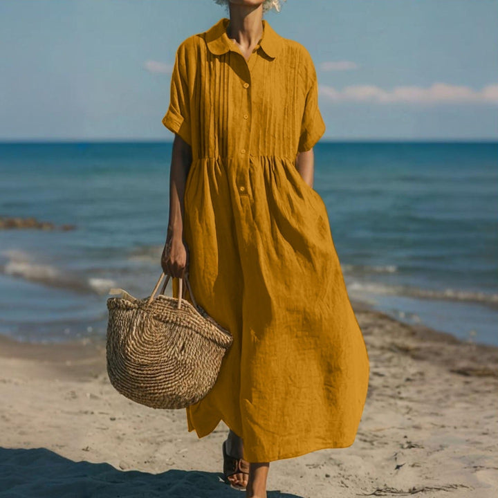 Nora | Women's Linen Shirt Dress Midi Short Sleeve