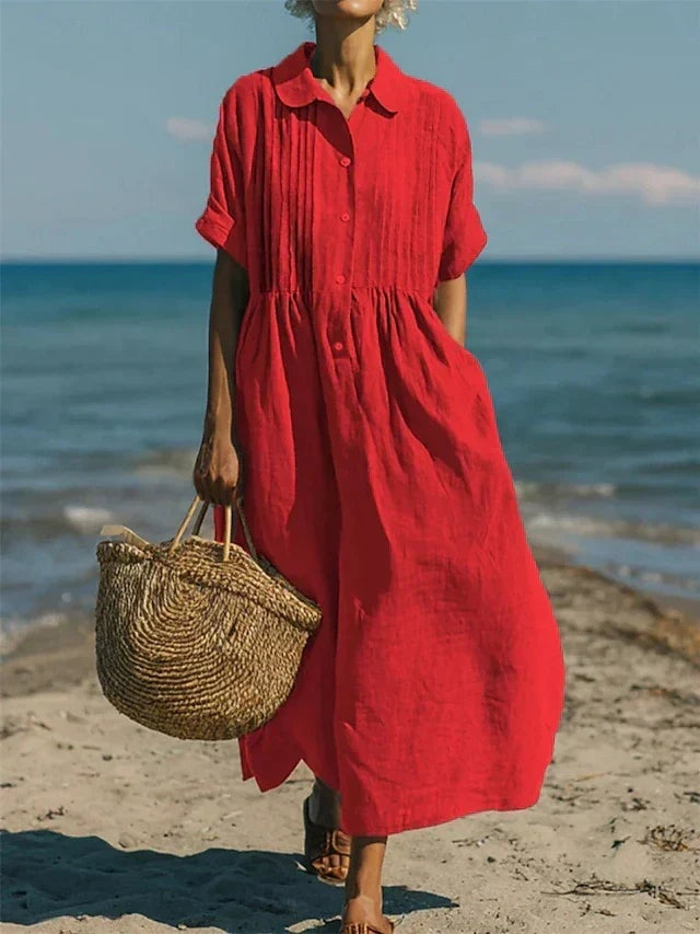Nora | Women's Linen Shirt Dress Midi Short Sleeve