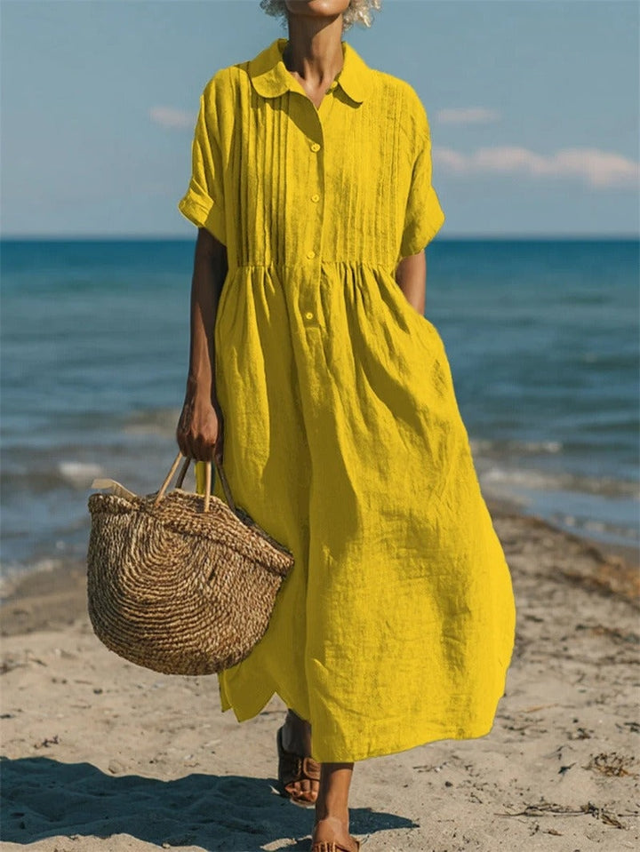 Nora | Women's Linen Shirt Dress Midi Short Sleeve