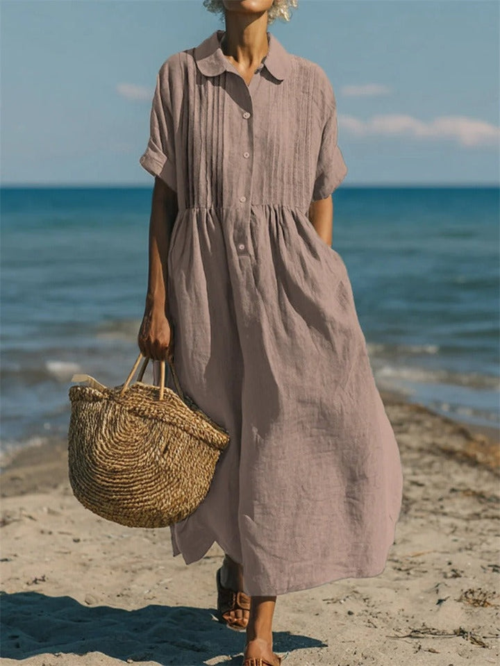Nora | Women's Linen Shirt Dress Midi Short Sleeve