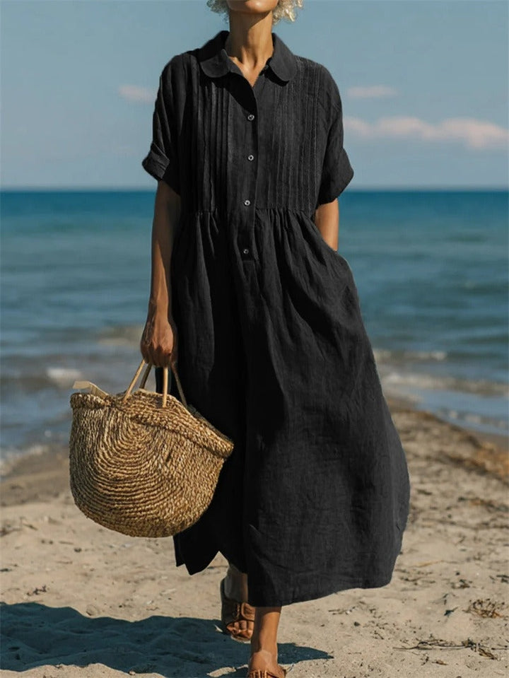 Nora | Women's Linen Shirt Dress Midi Short Sleeve