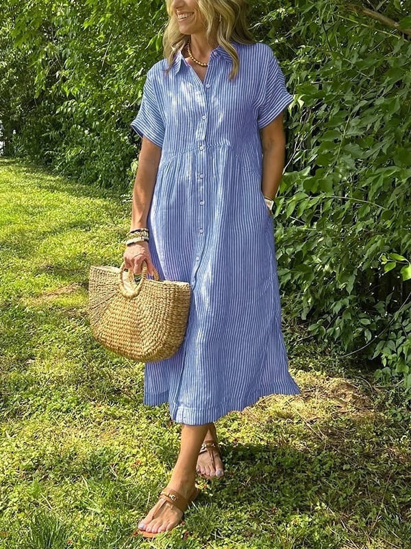 Nora | Women's Linen Shirt Dress Midi Short Sleeve Striped