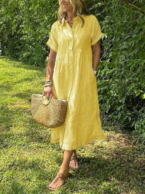 Nora | Women's Linen Shirt Dress Midi Short Sleeve Striped