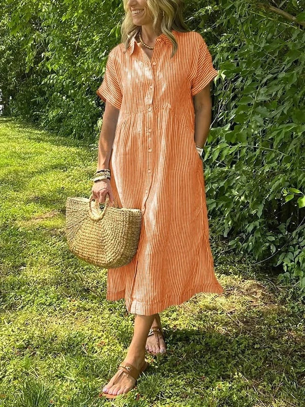 Nora | Women's Linen Shirt Dress Midi Short Sleeve Striped