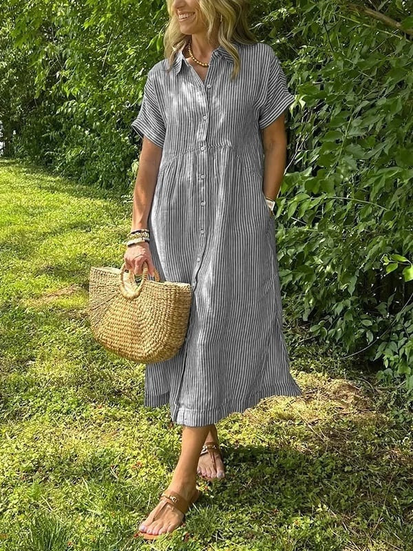 Nora | Women's Linen Shirt Dress Midi Short Sleeve Striped