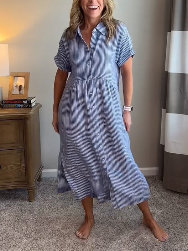 Nora | Women's Linen Shirt Dress Midi Short Sleeve Striped