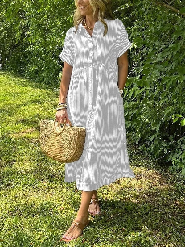 Nora | Women's Linen Shirt Dress Midi Short Sleeve Striped