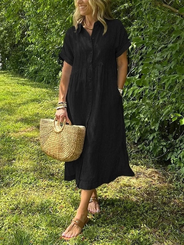 Nora | Women's Linen Shirt Dress Midi Short Sleeve Striped