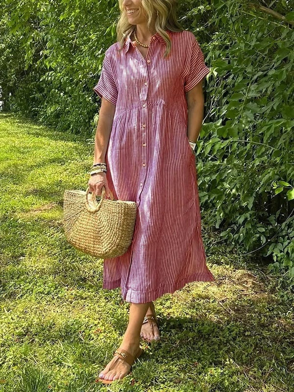 Nora | Women's Linen Shirt Dress Midi Short Sleeve Striped