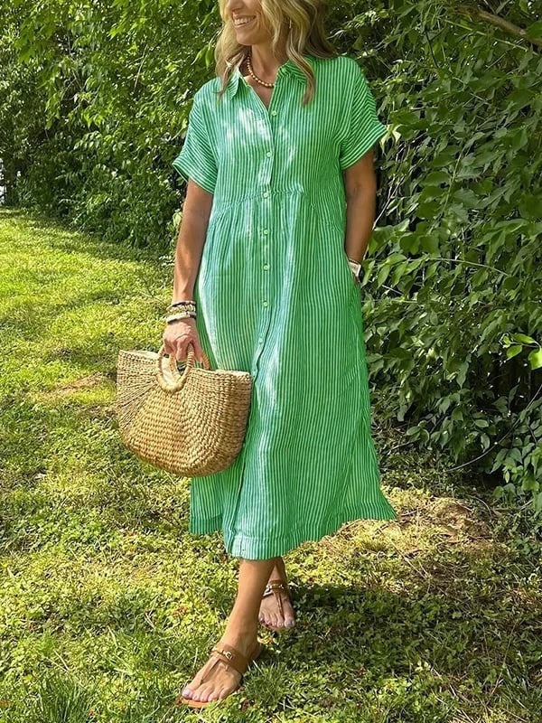 Nora | Women's Linen Shirt Dress Midi Short Sleeve Striped