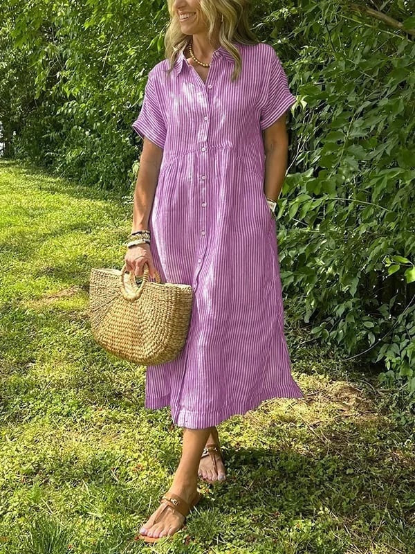 Nora | Women's Linen Shirt Dress Midi Short Sleeve Striped
