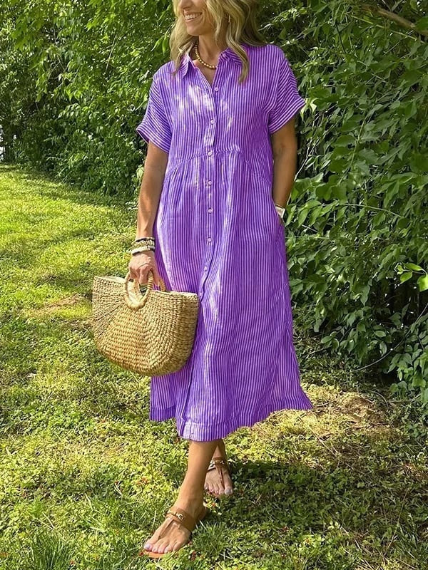 Nora | Women's Linen Shirt Dress Midi Short Sleeve Striped