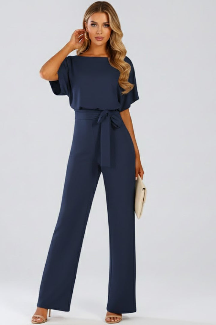 Nora | Women's Wide Leg Jumpsuit with Belt Short Sleeve