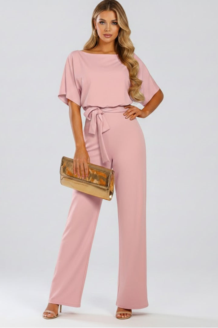 Nora | Women's Wide Leg Jumpsuit with Belt Short Sleeve