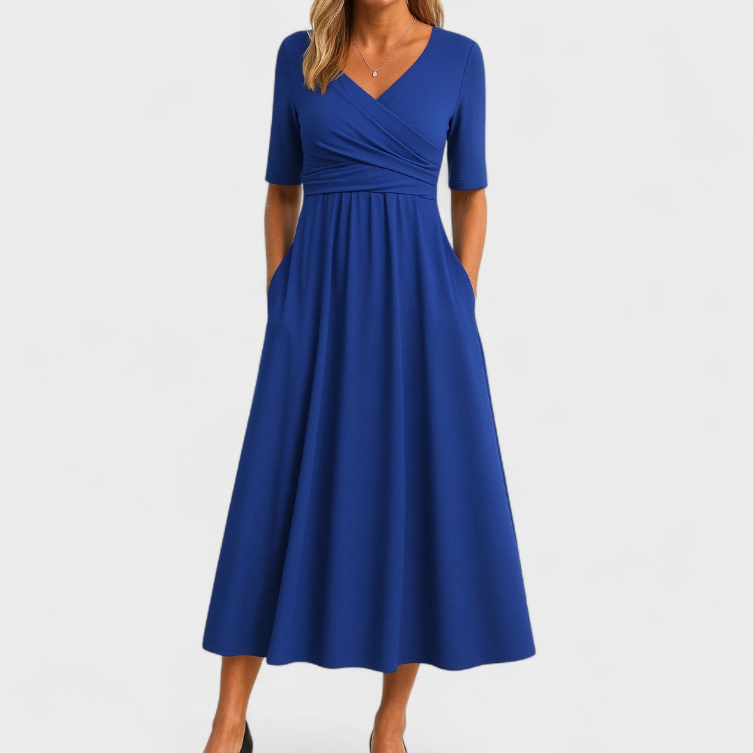 Olivia | Women's V-Neck Wrap Midi Dress with Pockets