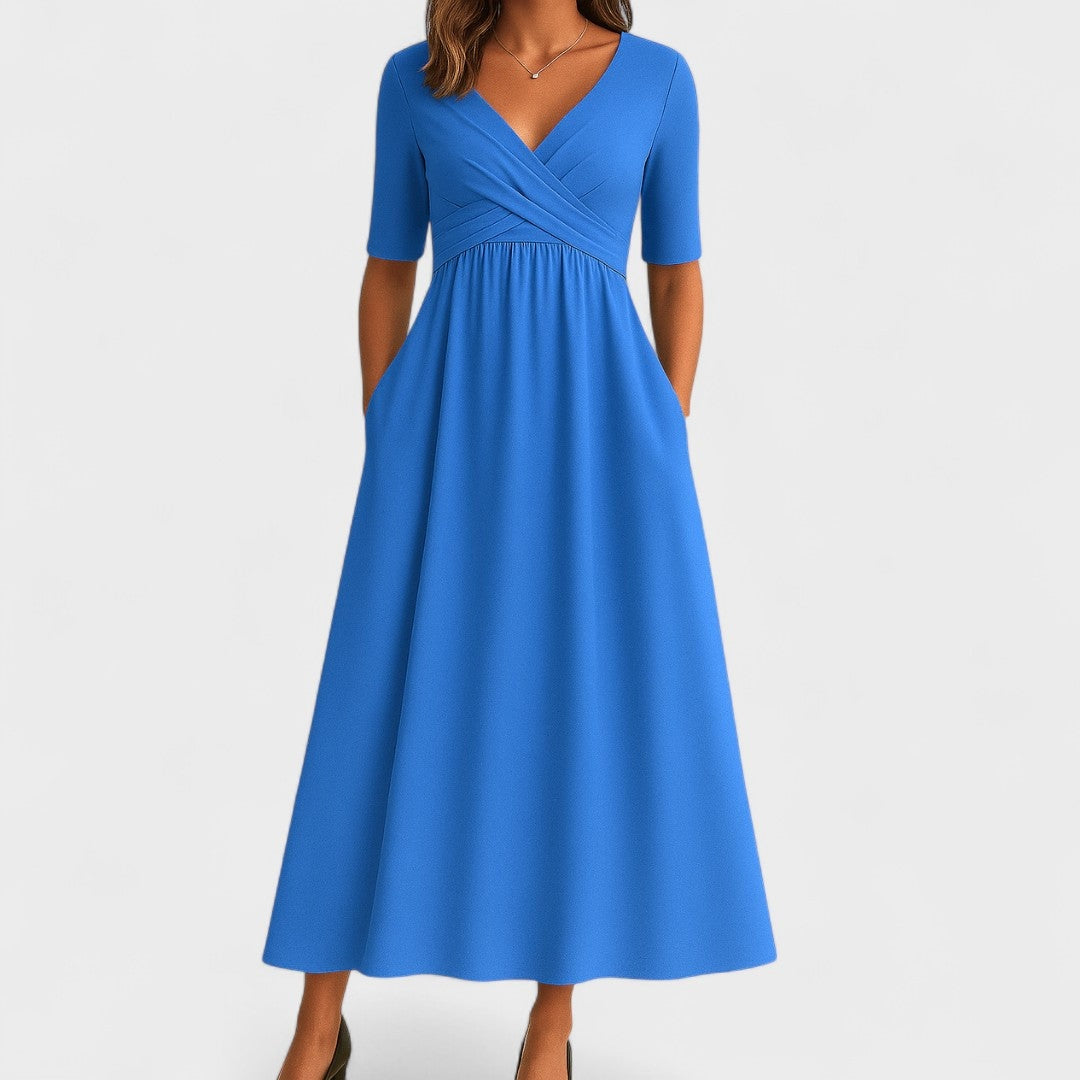 Olivia | Women's V-Neck Wrap Midi Dress with Pockets