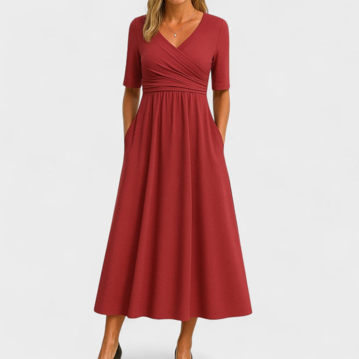 Olivia | Women's V-Neck Wrap Midi Dress with Pockets