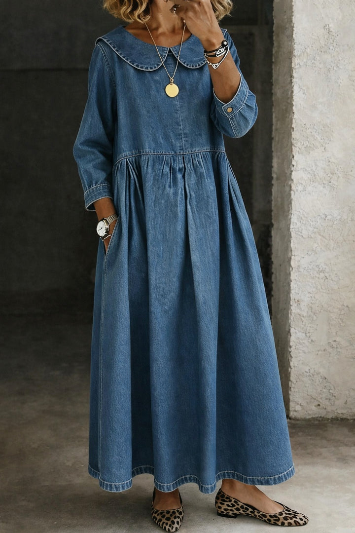 Penelope | Women's Denim Maxi Dress with Peter Pan Collar