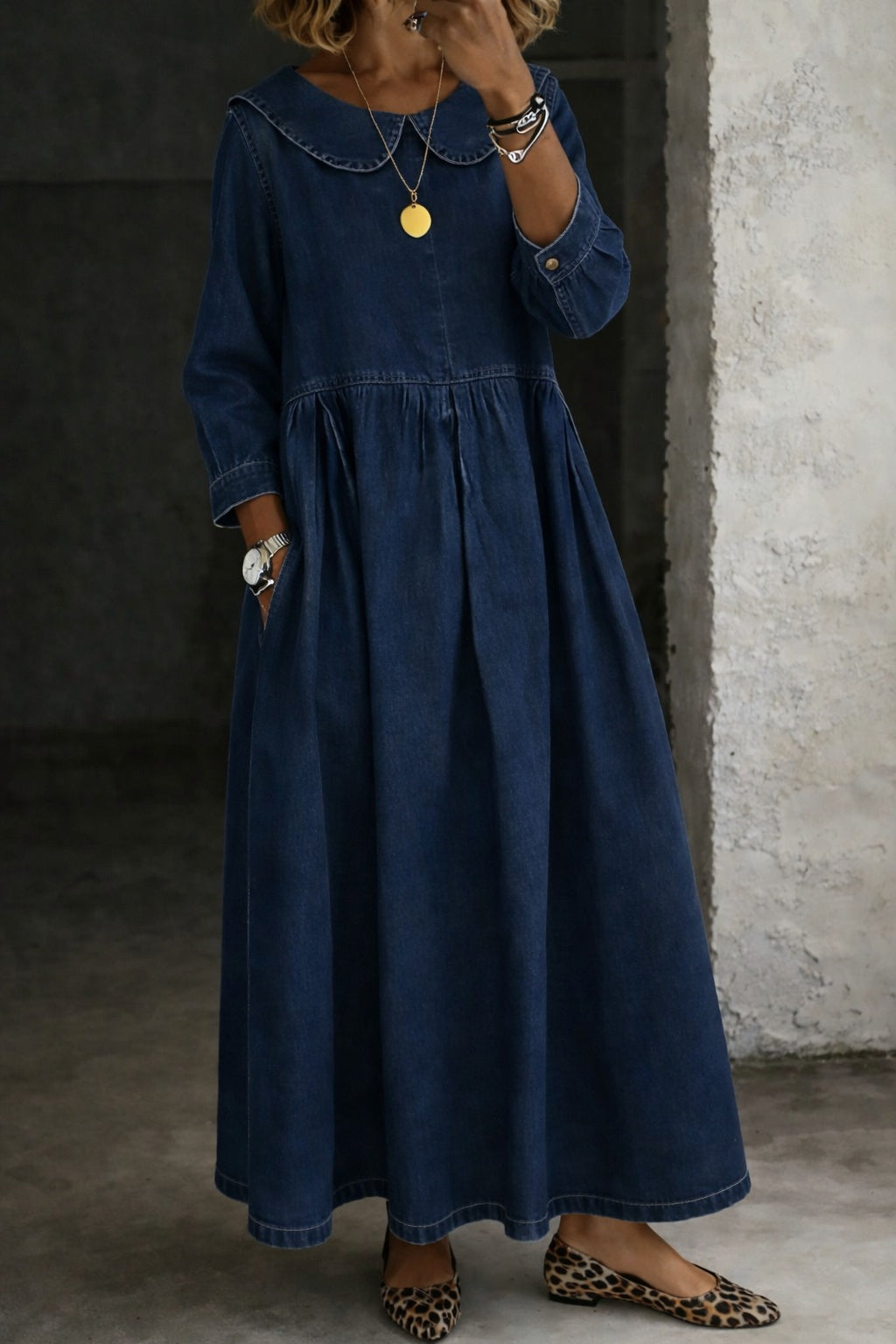 Penelope | Women's Denim Maxi Dress with Peter Pan Collar
