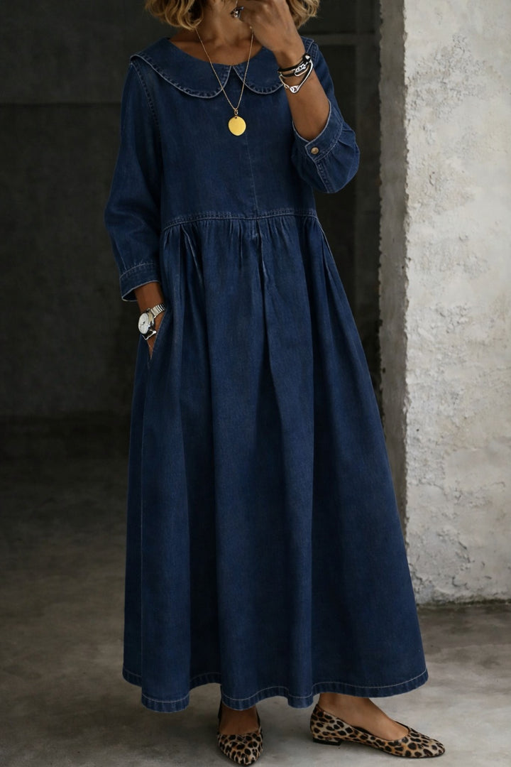 Penelope | Women's Denim Maxi Dress with Peter Pan Collar