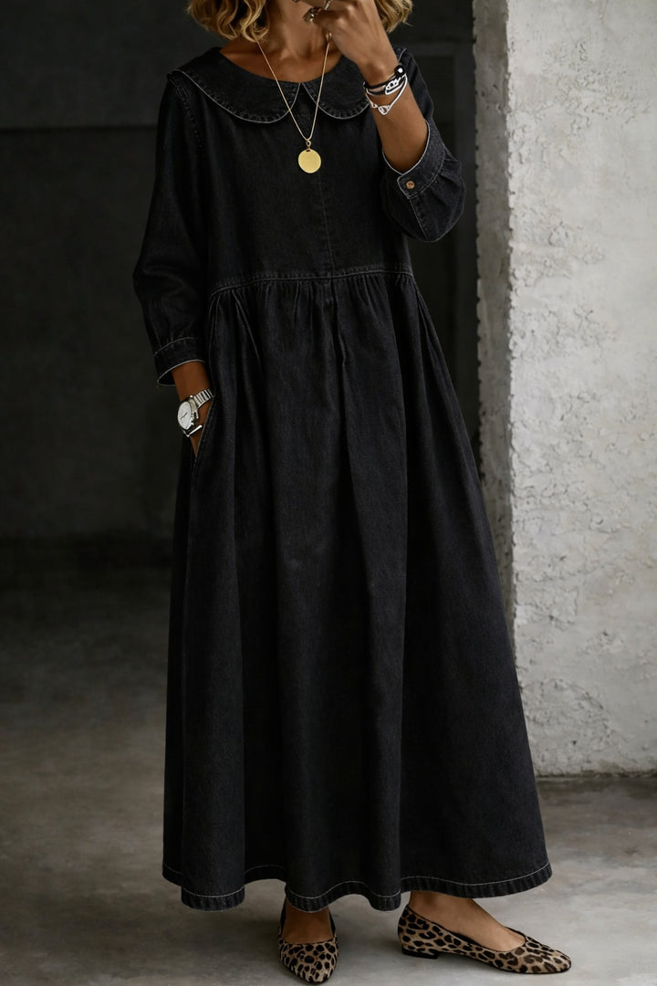 Penelope | Women's Denim Maxi Dress with Peter Pan Collar
