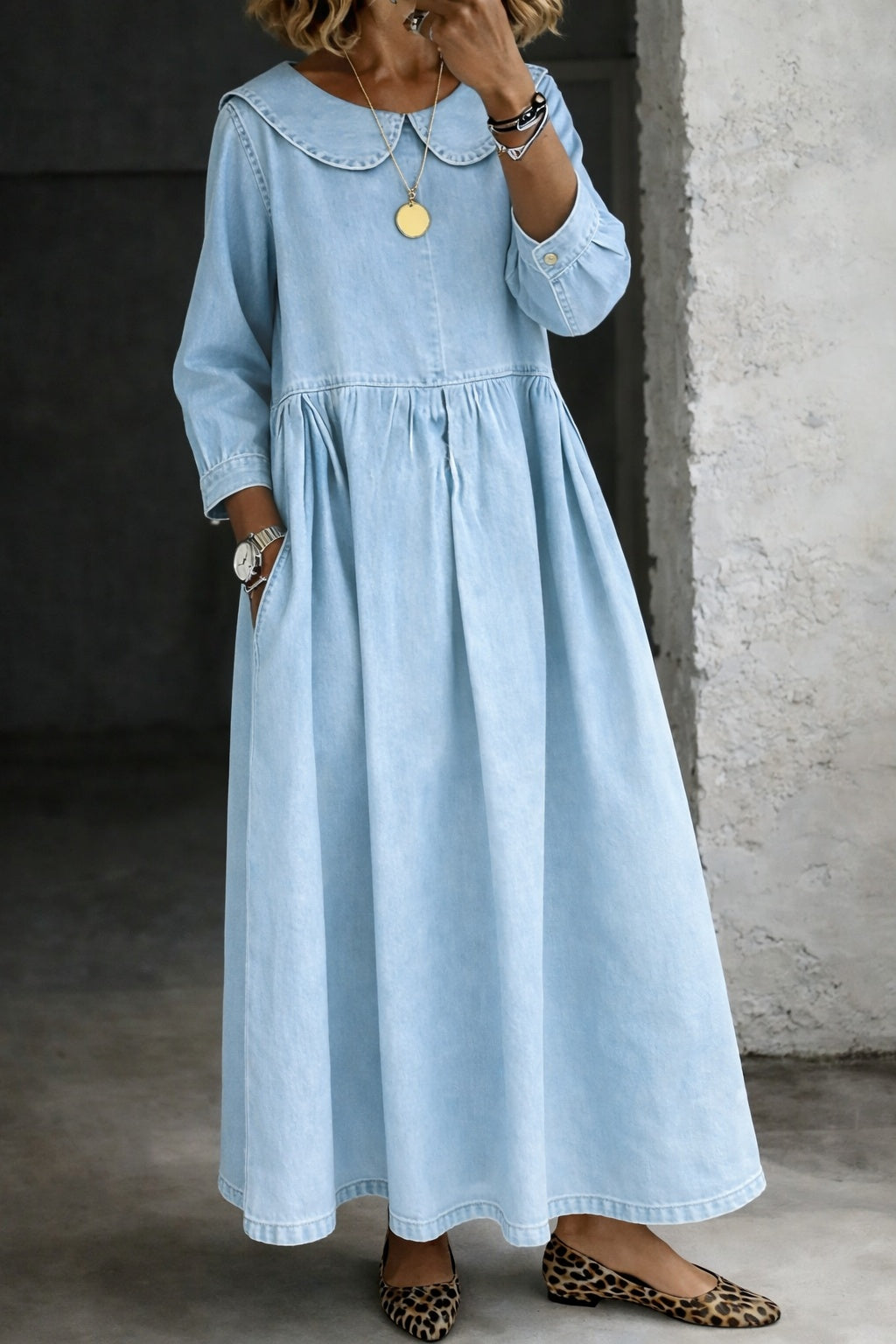 Penelope | Women's Denim Maxi Dress with Peter Pan Collar