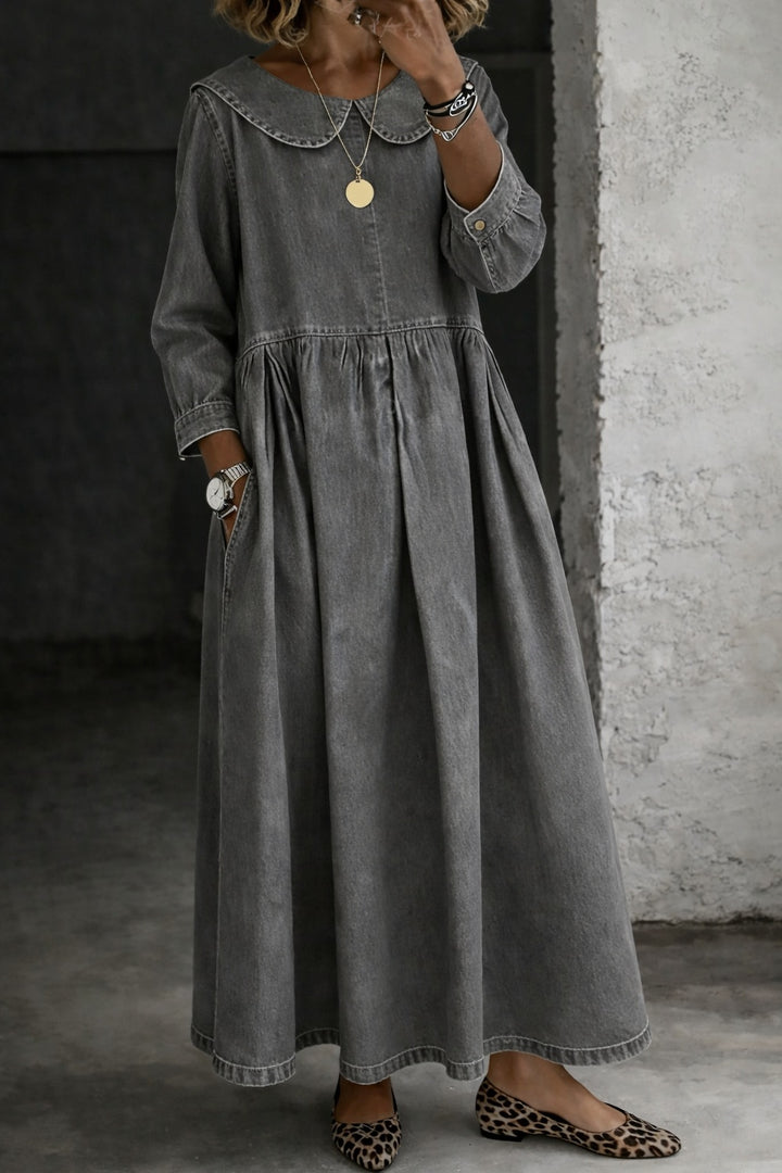 Penelope | Women's Denim Maxi Dress with Peter Pan Collar