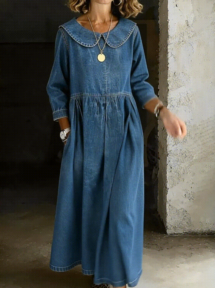 Penelope | Women's Denim Maxi Dress with Peter Pan Collar
