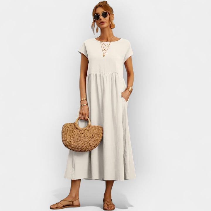 Rosalie | Women's Linen Midi Dress Short Sleeve with Pockets