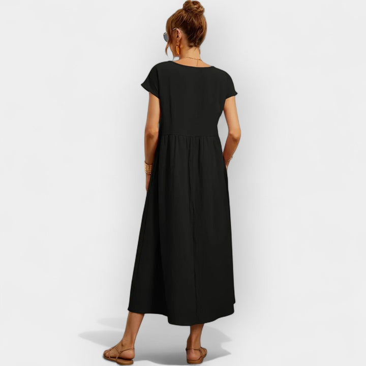 Rosalie | Women's Linen Midi Dress Short Sleeve with Pockets