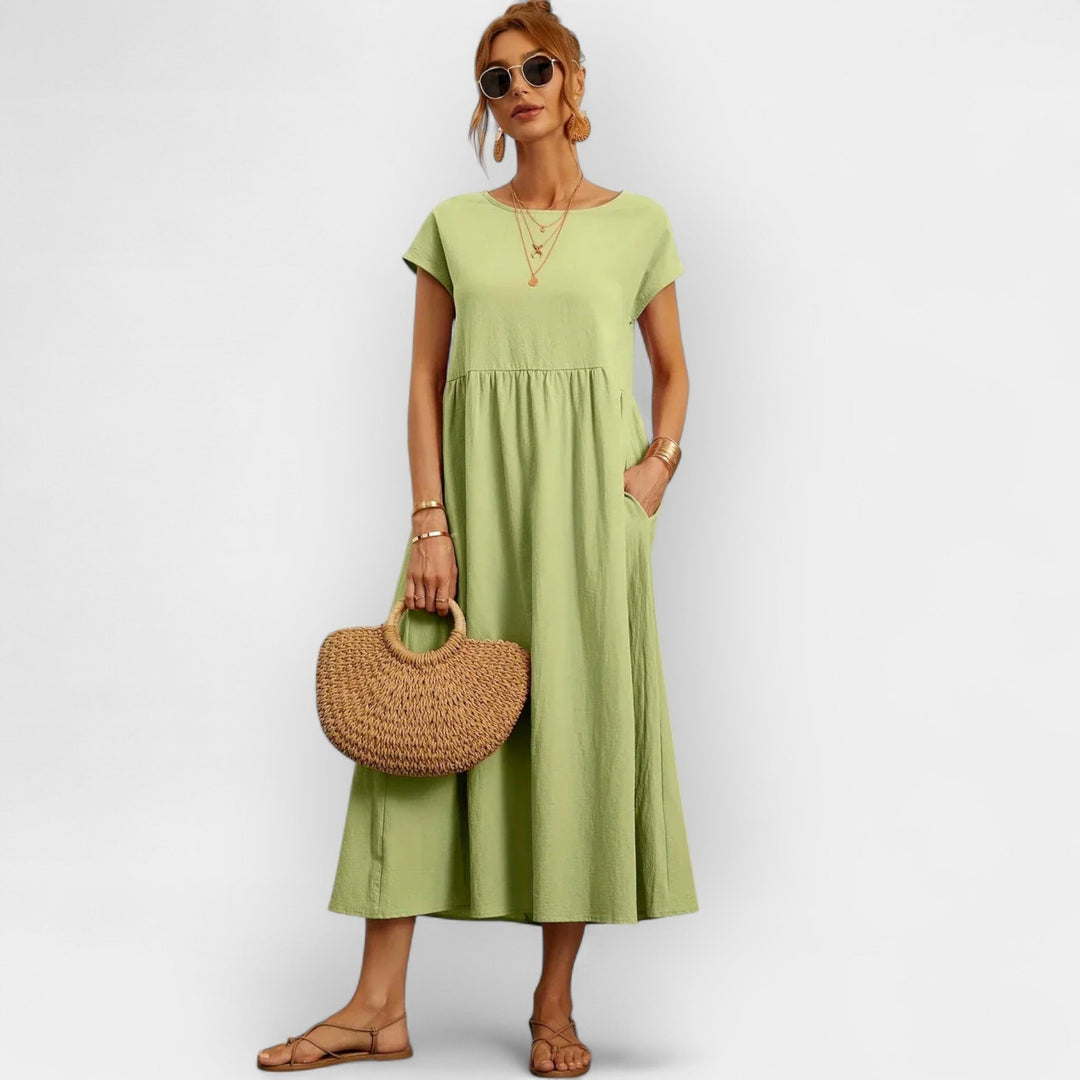 Rosalie | Women's Linen Midi Dress Short Sleeve with Pockets