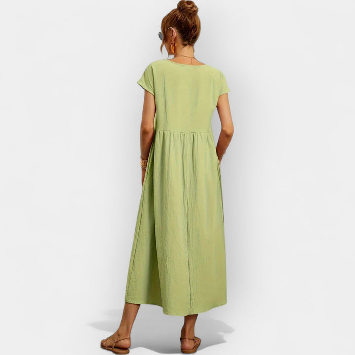 Rosalie | Women's Linen Midi Dress Short Sleeve with Pockets