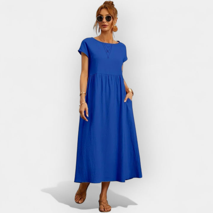Rosalie | Women's Linen Midi Dress Short Sleeve with Pockets