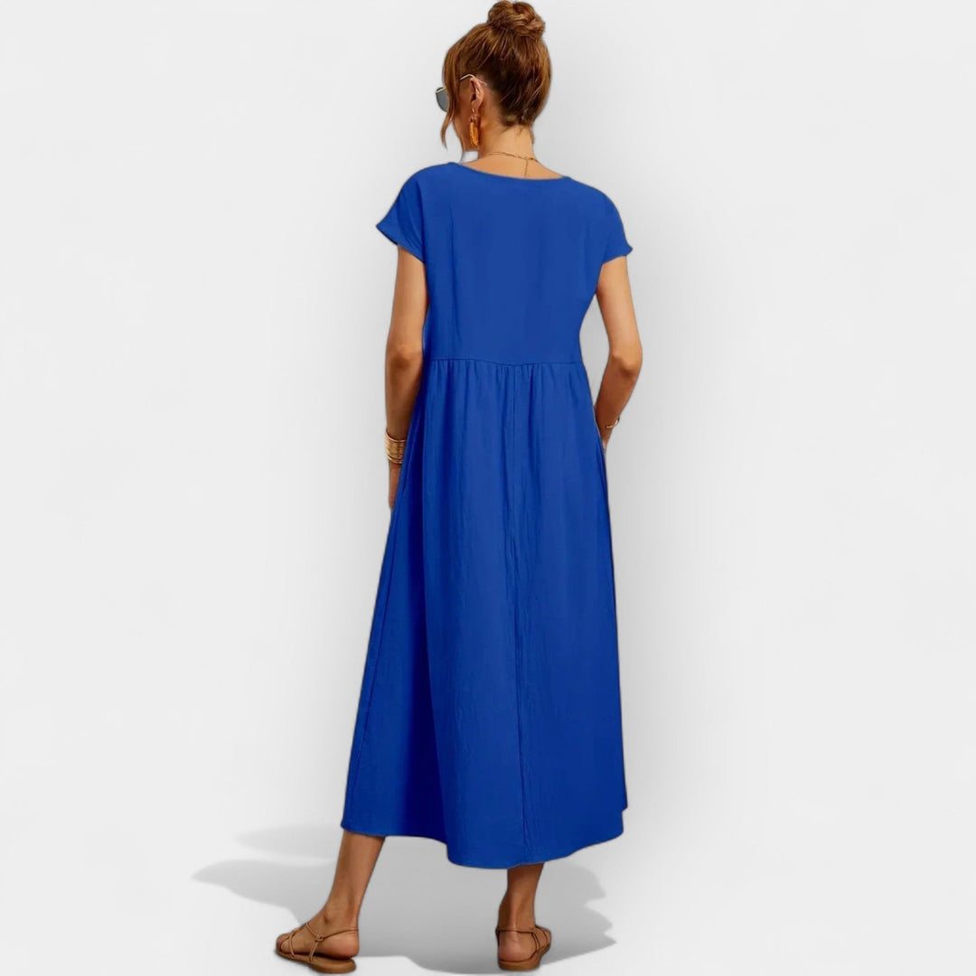 Rosalie | Women's Linen Midi Dress Short Sleeve with Pockets