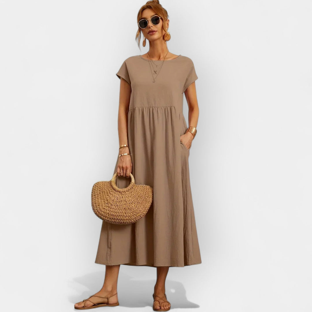 Rosalie | Women's Linen Midi Dress Short Sleeve with Pockets