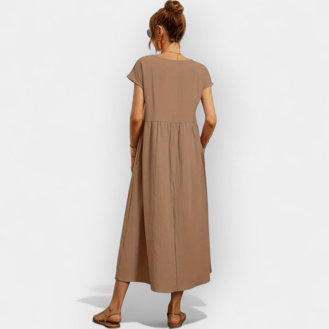Rosalie | Women's Linen Midi Dress Short Sleeve with Pockets