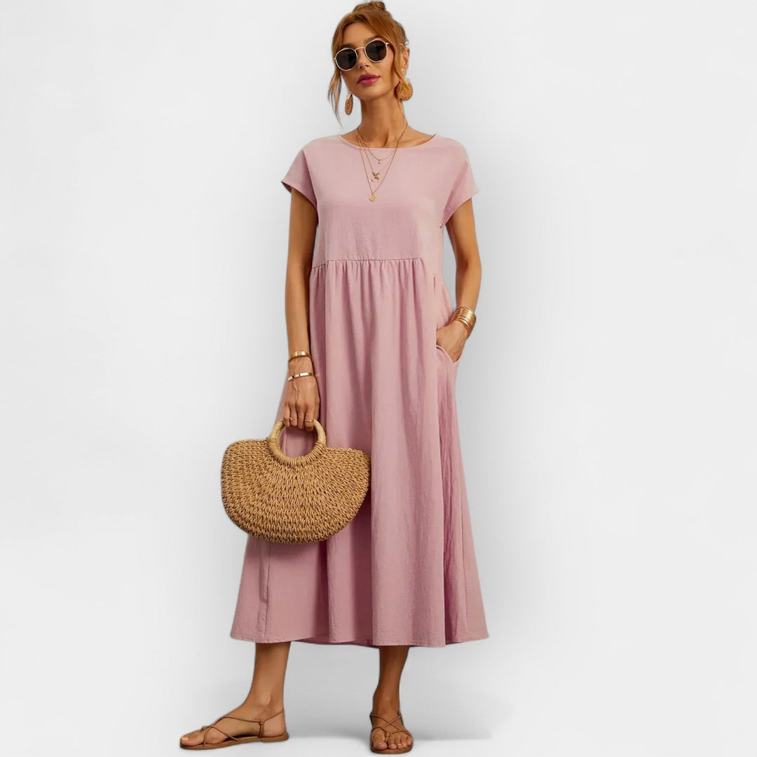Rosalie | Women's Linen Midi Dress Short Sleeve with Pockets