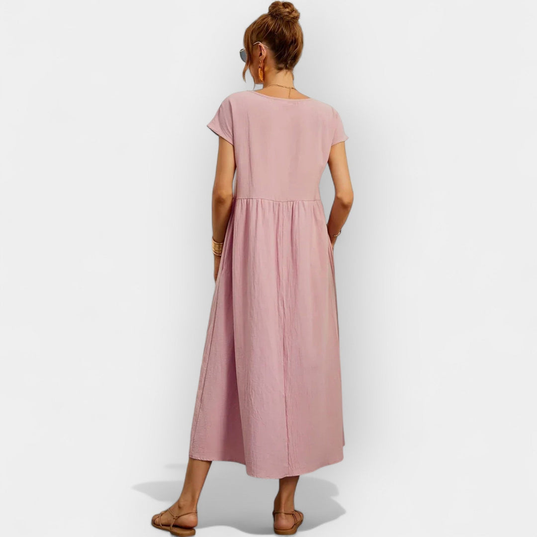 Rosalie | Women's Linen Midi Dress Short Sleeve with Pockets