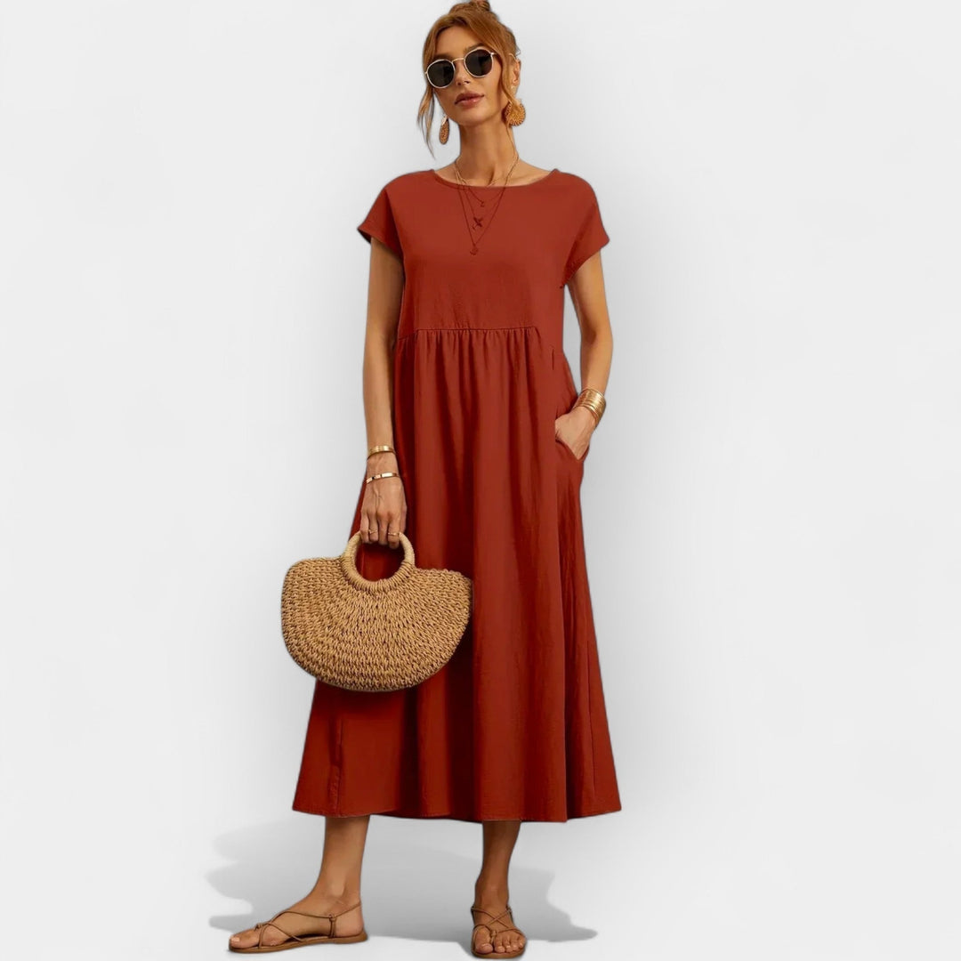 Rosalie | Women's Linen Midi Dress Short Sleeve with Pockets