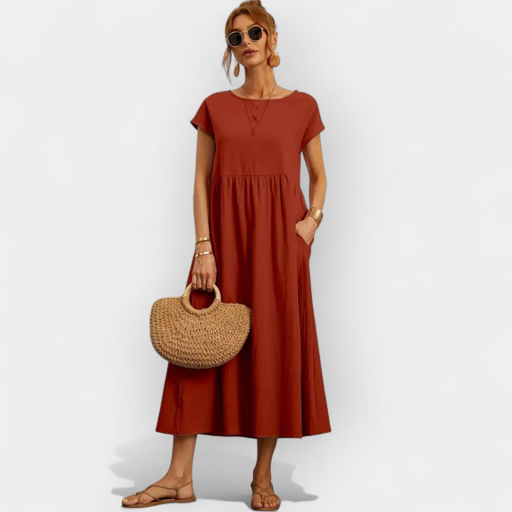 Rosalie | Women's Linen Midi Dress Short Sleeve with Pockets