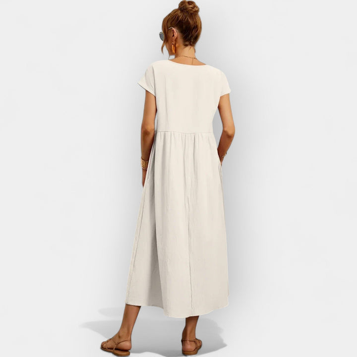 Rosalie | Women's Linen Midi Dress Short Sleeve with Pockets