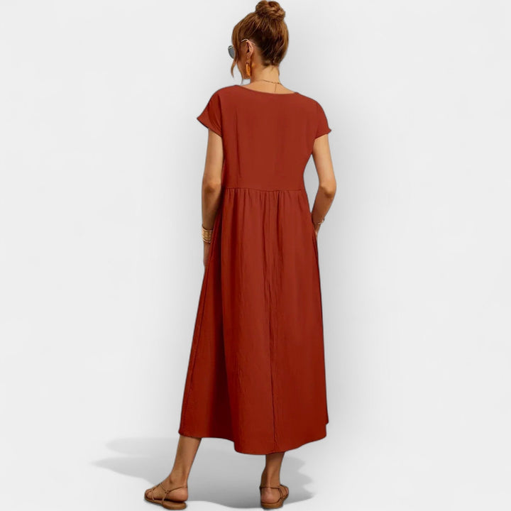 Rosalie | Women's Linen Midi Dress Short Sleeve with Pockets
