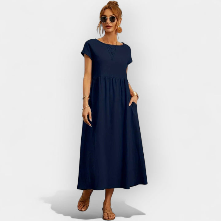Rosalie | Women's Linen Midi Dress Short Sleeve with Pockets