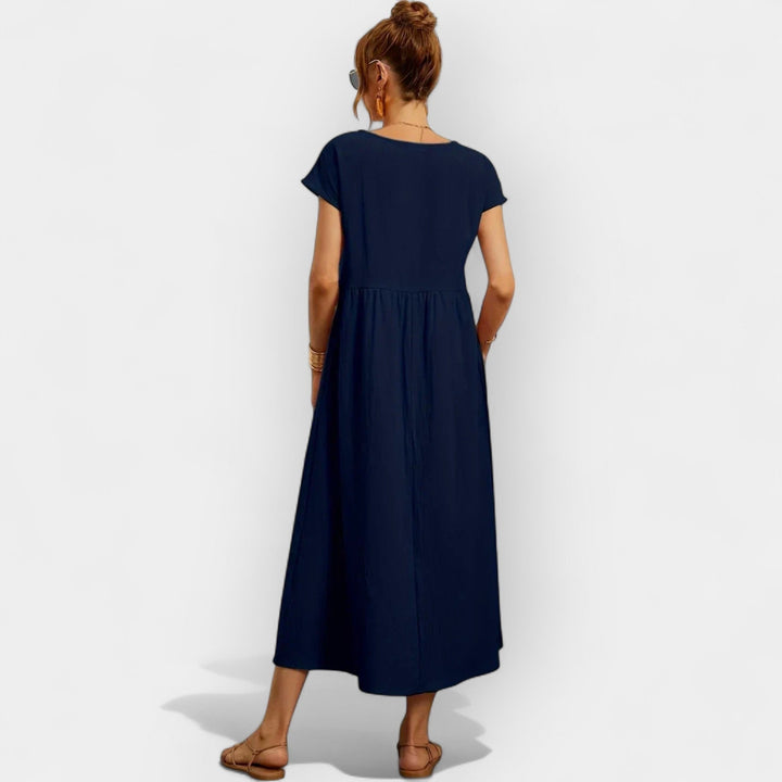 Rosalie | Women's Linen Midi Dress Short Sleeve with Pockets