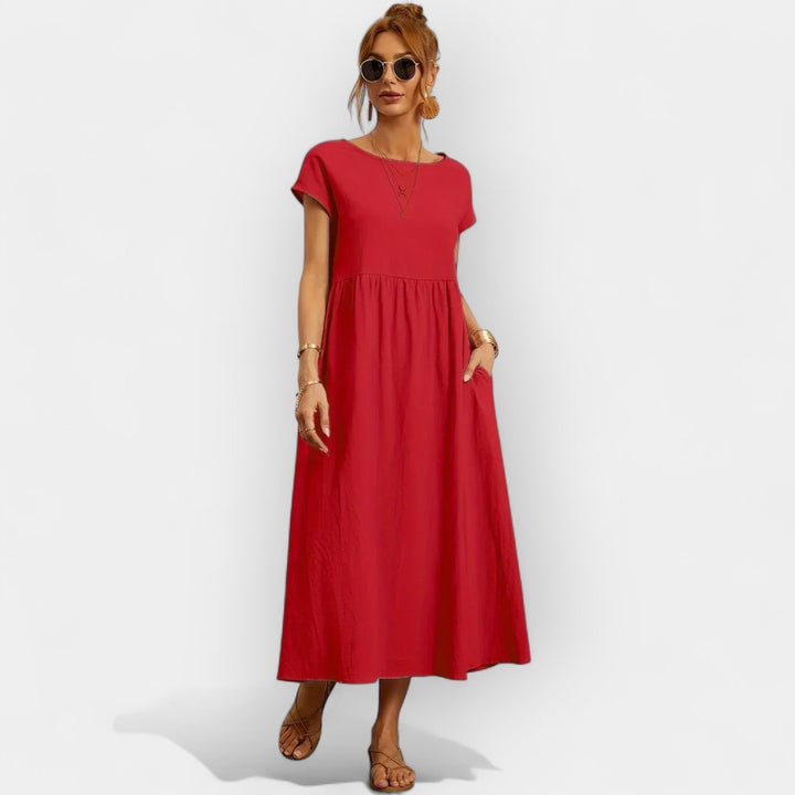 Rosalie | Women's Linen Midi Dress Short Sleeve with Pockets